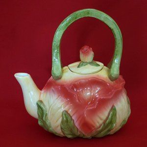 Ceramic Pink Flower and Leaves Tea Pot with Lid